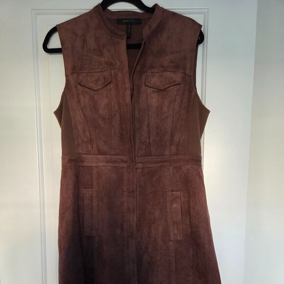 BCBG MaxAzria sleeeveless brown faux suede dress zippered with pockets. Size L - Picture 1 of 6